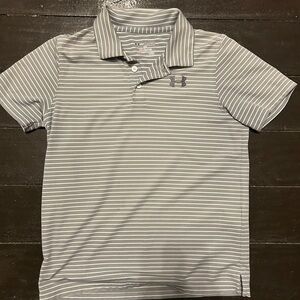 Under armour, YXL, collared golf shirt, gray and white stripes